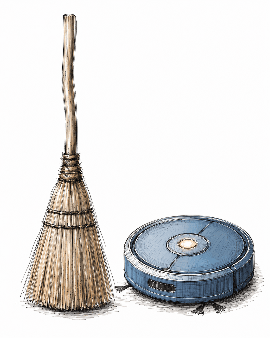 Una escoba al lado de un robot de limpieza, ilustración a mano que representa la diferencia entre el software tradicional y Bewe.